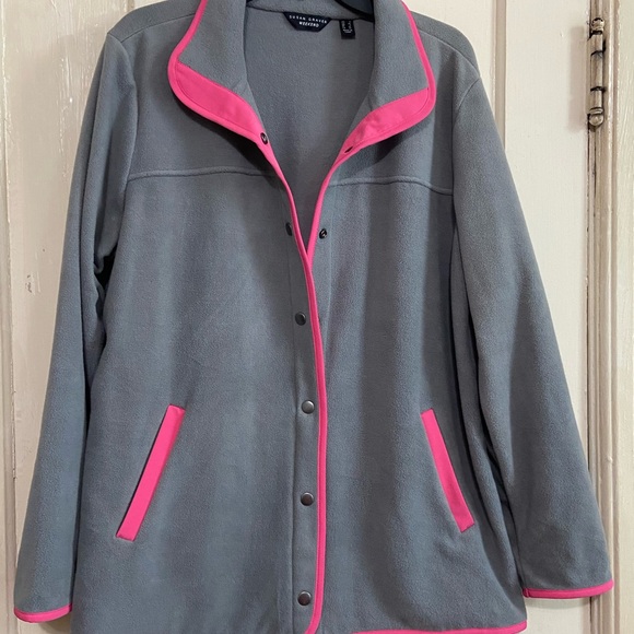 Susan Graver women’s Polar Fleece Jacket w/ Contrast Trim gray / pink Large - Picture 7 of 9